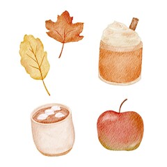 Hand Drawn Autumn Fall Watercolor Set of Leaves, Pumpkin Spice Latte, Hot Chocolate with Marshmallows, Apple