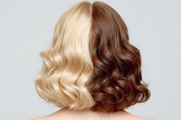 Naklejka premium Hair Is Split Perfectly Down The Center, With One Side Golden Blonde And The Other Rich Chocolate Brown. The Curls Are Shiny