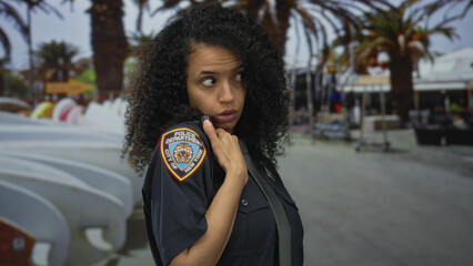 Young hispanic police officer woman speaking into handheld radio on busy street with palm trees  duty alertness. © Krakenimages.com