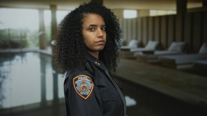 Woman police officer in uniform stands indoors by a spa pool, reflecting professionalism and focus,...