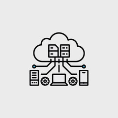 Black and white vector illustration of a cloud computing network architecture showing a cloud server connected to a laptop a smartphone and two data servers via lines and gears
