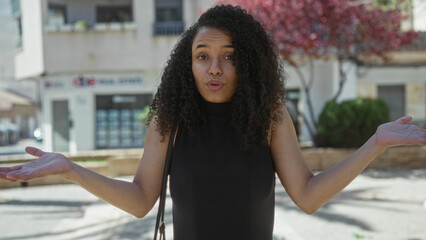 Young woman standing outdoors on a sunny street with a puzzled expression, surrounded by urban buildings and tree shadows, capturing a moment of surprise and curiosity.