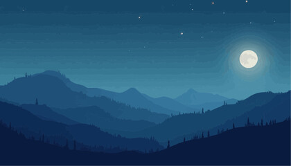 Serene Night Mountain Landscape with Full Moon and Starry Sky