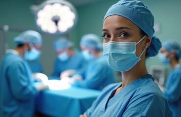 Young medical pro in blue scrubs stands attentively in operating room. Bright lights illuminate room with medical equipment, monitors. Blue cloth on operating table shows past operations marks.