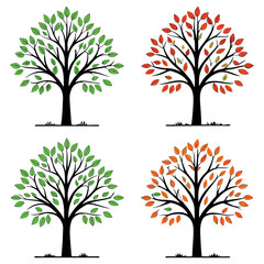 Four Trees Depicting Seasonal Change with Green Orange and Red Leaves Symbolizing the Transition from Spring to Autumn