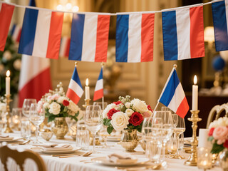 Festive Table Decor for Bastille Day with French Flags and Candles