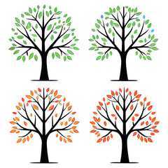 Four Trees Depicting Seasonal Changes with Colorful Leaves Representing Spring Summer Autumn and Winter Illustrated Artistically