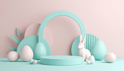 Fototapeta premium Pastel Easter scene with eggs and a rabbit