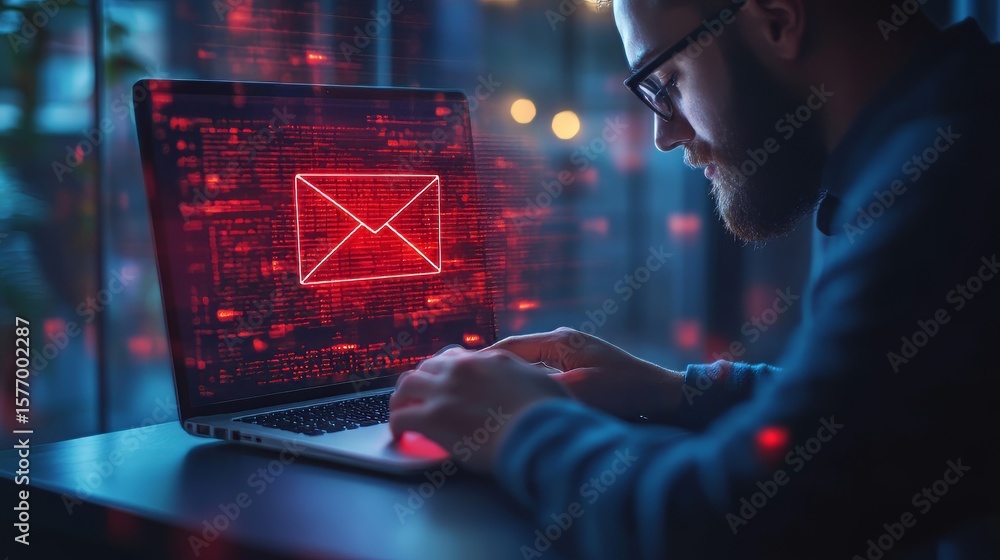 Poster blocking spam e-mail, warning pop-up for phishing mail, network security concept: businessman workin