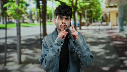 Young man in denim jacket gesturing for silence on urban street under leafy trees during the day,...