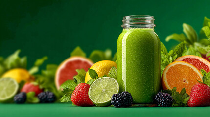 A green smoothie in a glass jar, surrounded by a variety of fresh fruits and berries.