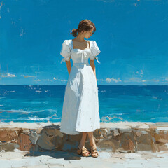 흰색 여름 드레스 입은 여성