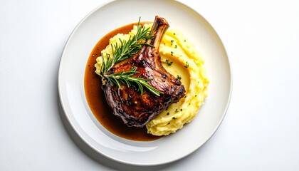 Roasted lamb chop served with creamy mashed potatoes and rich gravy garnished with fresh rosemary and herbs on a white plate