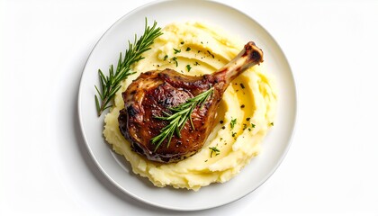 Savory roasted lamb chop served on creamy mashed potatoes garnished with fresh rosemary and herbs on a white plate