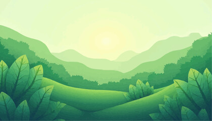 Obraz premium Green Landscape Illustration of Mountainous Forest with Sunrise in Soft Pastel Colors