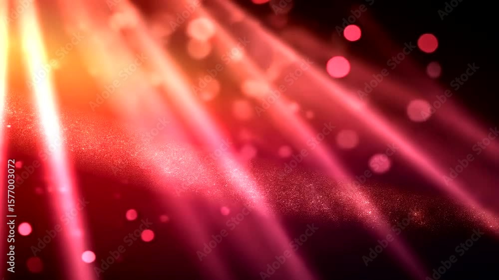Poster abstract light rays and bokeh particles glowing in warm red and gold tones