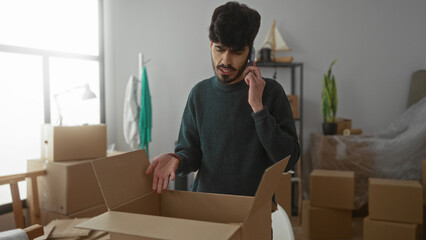 Young man talking on phone while unpacking boxes in his new home living room, surrounded by moving...