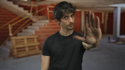 Young man holds up palm in stop gesture amid exposed brick and wooden pallet in unfinished...