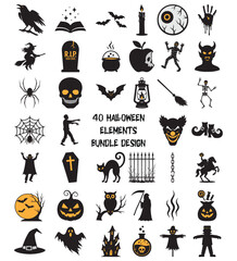 40 Halloween Elements Bundle Spooky Clipart Icons for T-Shirt, Poster, and Sticker Design
