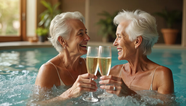 Two smiling women float in a blue pool surrounded by plants, holding wine glasses. Relaxed atmosphere in a wellness center. Women enjoying time together.