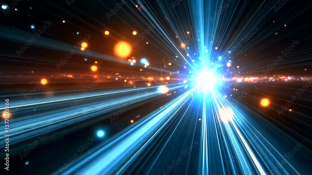 Poster abstract light speed animation with blue streaks and golden particles background