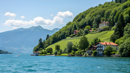 Fototapeta premium A serene lake bordered by houses, with majestic mountains rising in the background under a clear blue sky