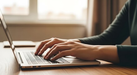 Fototapeta premium Close-up of Hands Typing on Laptop Keyboard, Modern Workplace Concept