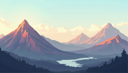 Naklejka premium Majestic Mountain Landscape with River and Forest in Soft Pastel Colors