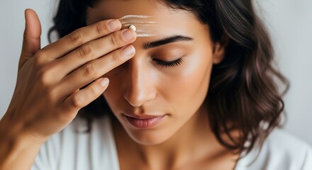 Fototapeta premium Young woman applying cream to her forehead while looking down