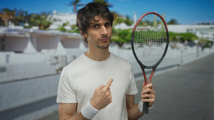 Man in white shirt and wristbands holds red racket and points finger while smirking on sunny street; playfulness.