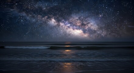 Milky Way Galaxy over Ocean Waves at Night Serene Seascape