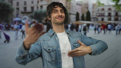 Young man in denim jacket and white tee extending both arms forward on busy city street; friendly...