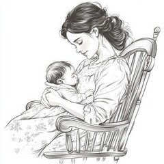 A serene black and white sketch of motherhood in a rocking chair