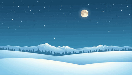 Naklejka premium Serene Winter Night Landscape with Snow-Covered Mountains and Bright Full Moon