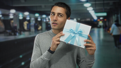 Young hispanic man holding a gift box with a blue ribbon in a modern train station.