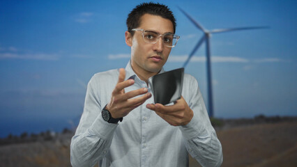 Young man outdoors in a field by a windmill holding an empty wallet with a concerned expression,...