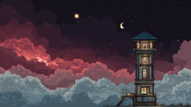 Pixelated night sky with a clock tower