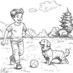 A young boy and his golden retriever dog playing soccer in nature
