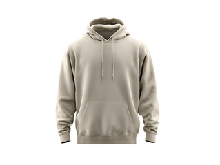 Plain beige hoodie with a front pocket and drawstring hood isolated on transparent background