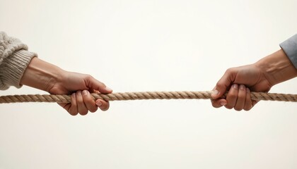 Two hands engage in tug of war on white background. Hands pull brown rope stretching across frame. Forceful struggle between opposing hands, simple gray curtain in background.