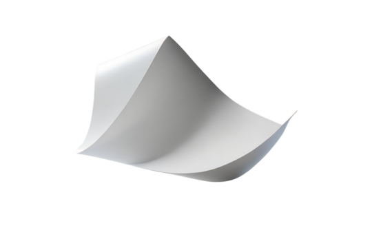 A curved white sheet of paper isolated on transparent background