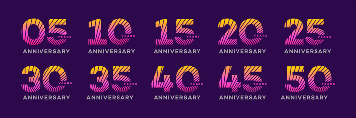 Anniversary celebration numbers display purple background and striped fill with different years on display for events