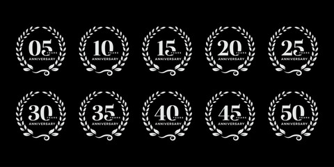Ten circular logos celebrate 5, 10, 15, 20, 25, 30, 35, 40, 45, and 50 year anniversaries, each featuring a laurel wreath design.
