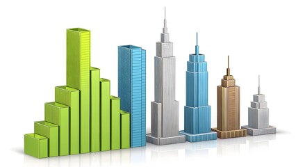 Obraz premium A colorful bar graph and building models arranged on a white surface in a row formation style