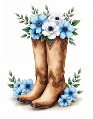 Fototapeta premium Illustration of western cowboy boots with floral design. Boots with blue flowers and green leaves in warm brown hue. Farmhouse rustic wedding boot decoration.