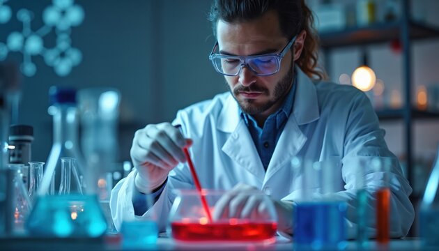 Scientist in lab coat mixes liquid in beaker with pipette. Laboratory equipment, glassware, lab table, equipment shelf in background. Scientist focused on experiment with red liquid.