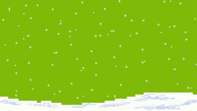 pixel snowflakes falling onto snow covered ground in a digital look green screen loop animation
