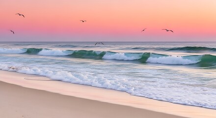 Serene Sunrise Over Turquoise Waves and Sandy Beach, Tranquil Seascape with Birds Flying Across Pink Sky at Dusk