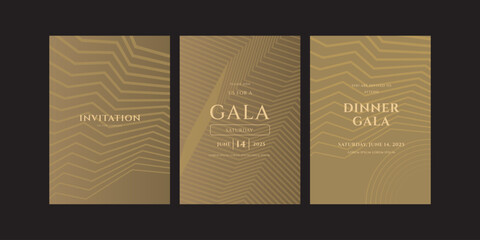 Three gold invitation templates featuring geometric patterns. Announce a gala dinner on June 14, 2025. Modern and sophisticated design.