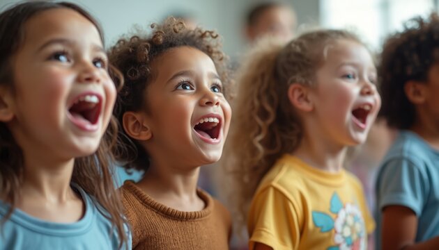 Group of children gathered around table for music class discussion. Unique hair colors, styles create lively scene of interaction. Banner adds festive touch to background. Children work together,